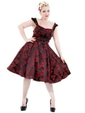 Hearts & Roses Brocade Floral Red and Black Fit & Flare Midi Dress